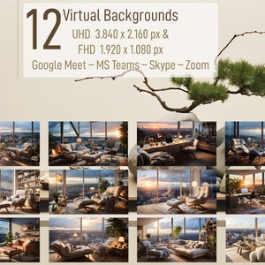 May include: Twelve virtual backgrounds featuring a modern living room with a large window overlooking a city skyline. The room features a couch, chairs, a coffee table, and a bookshelf. The backgrounds are available in UHD (3840 x 2160 pixels) and FHD (1920 x 1080 pixels) resolutions. They are compatible with Google Meet, MS Teams, Skype, and Zoom.