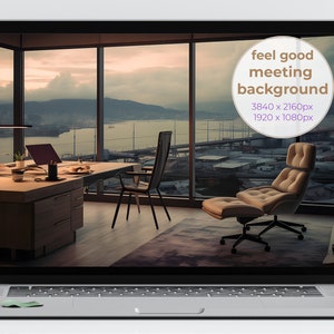 Könnte beinhalten: Der Bildschirm eines Laptops zeigt eine Skyline-Ansicht einer Stadt aus einem Büro im Hochhaus. Der Bildschirm zeigt auch den Text "feel good meeting background 3840 x 2160px 1920 x 1080px".