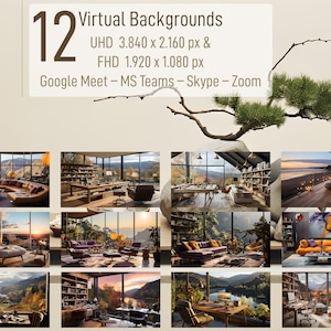 May include: Twelve virtual backgrounds featuring different interior design scenes with large windows and views of nature. The backgrounds are suitable for use with video conferencing platforms such as Google Meet, MS Teams, Skype, and Zoom. The backgrounds are available in UHD (3840 x 2160 pixels) and FHD (1920 x 1080 pixels) resolutions.