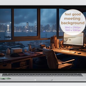 May include: A laptop computer with a view of a city skyline at night from a window. The laptop is on a white surface with a green leaf.