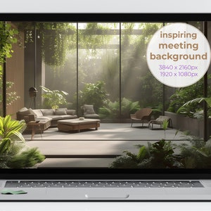 May include: A laptop screen displaying a photo of a modern living room with large windows and lush greenery. The text "inspiring meeting background" is displayed on the screen, along with the dimensions "3840 x 2160px" and "1920 x 1080px".