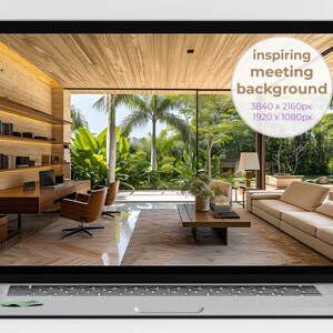 May include: A modern office space with a large window overlooking a lush tropical garden. The office features a wooden desk with two chairs, a bookshelf, and a large window. The garden is filled with palm trees and other tropical plants. The text "inspiring meeting background 3840 x 2160px 1920 x 1080px" is displayed on the image.
