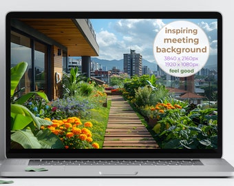 Zoom Background, Lush City Garden: Serene Rooftop Retreat for Virtual Meetings & Desktops - Vivid and Inspiring Zoom Background (531)