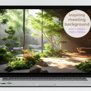 May include: A laptop screen displays a serene outdoor scene with lush greenery, trees, and rocks, creating a tranquil garden setting. The image includes the text "inspiring meeting background" and resolution details.