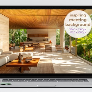 Peut inclure: Un écran d'ordinateur portable affichant une photo d'un salon moderne avec un plafond en bois, de grandes fenêtres et un canapé blanc. Le texte "inspiring meeting background" est affiché à l'écran.