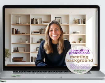 May include: A laptop screen displaying a woman in front of a bookshelf. The text on the screen reads "consulting professional meeting background 3840 x 2160px 1920 x 1080px distraction free".