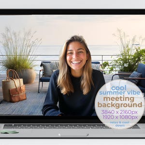 Chic Seaside Patio Virtual Background Zoom Teams | Modern Ocean View Summer Backdrop | Relaxing Coastal Office | Standard & Blurred Set 1057