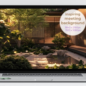 May include: A laptop screen displaying a photo of a zen garden with a pond, rocks, and a wooden walkway. The text "inspiring meeting background" is displayed on the screen.