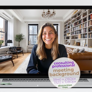 May include: A laptop screen displays a woman smiling in front of a professional meeting background. The background includes a library, leather sofa, and windows. Text on the screen reads "consulting professional meeting background" and resolution details.