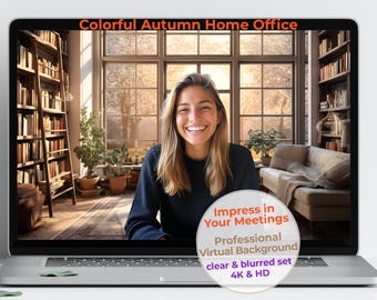 Autumn Cozy Library Zoom Background: Bookshelves & Fall Landscape (UHD / FHD, Clear + Blurred Set)