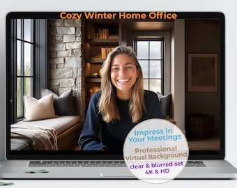 Cozy Reading Nook Virtual Background for Zoom, Modern Home Office Decor Backdrop (Clear + Blurred Set)