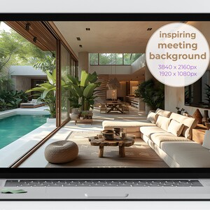 May include: A laptop screen displaying a photo of a modern living room with large windows overlooking a swimming pool and lush greenery. The text "inspiring meeting background" is displayed on the screen.