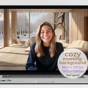 Puede incluir: Una pantalla de computadora portátil que muestra a una mujer en una videollamada con un fondo acogedor y minimalista. El texto en la pantalla dice "Cozy meeting background 3840 x 2160px 1920 x 1080px feel good".