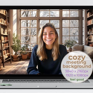 Winter Library Zoom Background: Cozy Bookshelves, Snowy Landscape (4K + HD, Clear + Blurred Set)