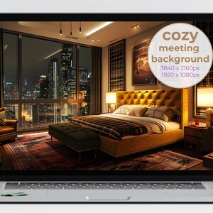 May include: A cozy bedroom with a large bed, a nightstand, and a chair. The room has a large window with a view of a city skyline at night. The text "cozy meeting background 3840 x 2160px 1920 x 1080px" is visible in the image.