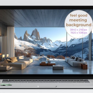 May include: A modern living room with a large window overlooking a snowy mountain range. The room features a gray sofa, a coffee table, and a dining table. The text "feel good meeting background" is displayed on the image.
