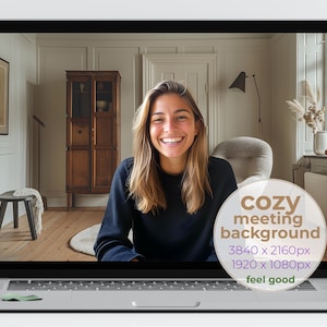 May include: Laptop screen displaying a cozy meeting background. The image features a smiling person in a room with wooden floors, a wooden cabinet, and a small stool. Text on the screen reads "cozy meeting background" and resolution details.