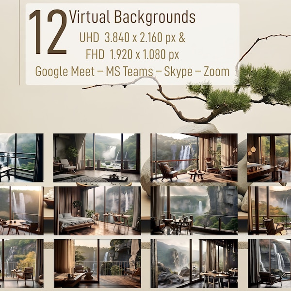 12 Backgrounds for MS Teams, Zoom, Google Meet, and Skype: Japanese and Scandinavian-inspired Interiors (Waterfall Set No 29)