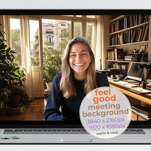 Cozy Home Office Zoom Background, Sunny Bookshelf & Balcony View for Meetings (Clear + Blurred Set)
