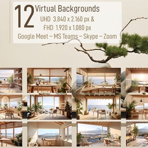 Könnte beinhalten: Zwölf virtuelle Hintergründe, die einen minimalistischen Raum im japanischen Stil mit einem großen Fenster mit Blick auf eine malerische Aussicht zeigen. Die Hintergründe sind ideal für Videokonferenzen und beinhalten Optionen mit einem Strand, Bergen und einem Sonnenaufgang.