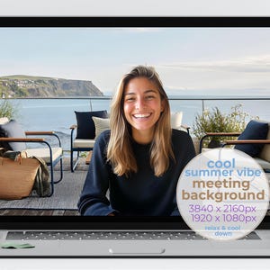 Seaside Patio Chic Virtual Background Zoom Teams | Modern Ocean View Summer Backdrop | Relaxing Coastal Office | Standard & Blurred Set 1058