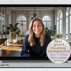 May include: A laptop screen displaying a virtual meeting background image of a large, bright room with tall windows, white walls, and hardwood floors. The text "feel good meeting background 3840 x 2160px 1920 x 1080px warm & cozy" is displayed on the screen.
