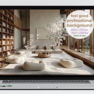 May include: A modern living room interior design with a large window, a white couch, a coffee table, and a bookshelf filled with books. The room is decorated in a minimalist style with a warm and cozy feel. The image is labeled "feel good professional background 3840 x 2160px 1920 x 1080px warm & cozy"