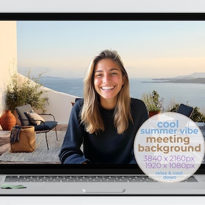 Seaside Patio Chic Virtual Background Zoom Teams | Modern Ocean View Summer Backdrop | Relaxing Coastal Office | Standard & Blurred Set 1062