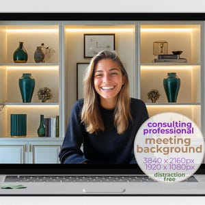 May include: A laptop screen shows a woman smiling, with a background of a bookshelf with vases, books, and artwork. A circular graphic on the screen reads "consulting professional meeting background" with resolution details and "distraction free".