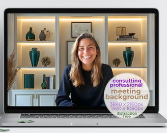 May include: A laptop screen displays a woman smiling in front of a bookshelf background. The background features decorative vases, books, and artwork. A circular graphic on the screen reads "consulting professional meeting background" with resolution details and "distraction free".