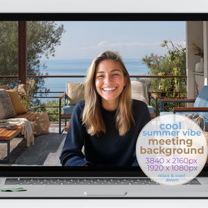 Seaside Patio Chic Virtual Background Zoom Teams | Modern Ocean View Summer Backdrop | Relaxing Coastal Office | Standard & Blurred Set 1064