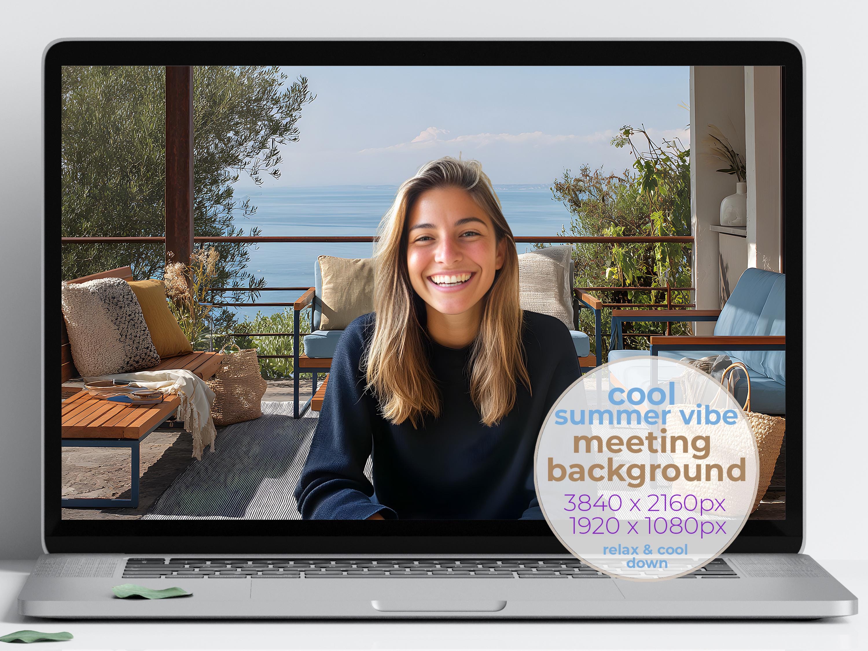 Seaside Patio Chic Virtual Background Zoom Teams | Modern Ocean View Summer Backdrop | Relaxing Coastal Office | Standard & Blurred Set 1064