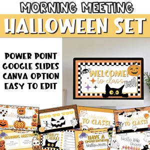 ハロウィン向けGoogleスライド、10月の朝のミーティング向けGoogleスライドテーマ、編集可能なPowerPoint、秋の教室向け朝のメッセージ、Canva