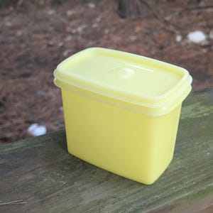 May include: A yellow rectangular plastic container with a matching lid. The container is sitting on a weathered wooden surface, with a blurred natural background. The container is a solid, pale yellow color.