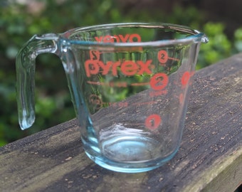 Aqua Pyrex 2 Cup Measuring Cups with some wear on the labeling