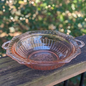 Mayfair Open Rose Anchor Hocking Vegetable Bowl Pink Depression Glass with some imperfections and a chip