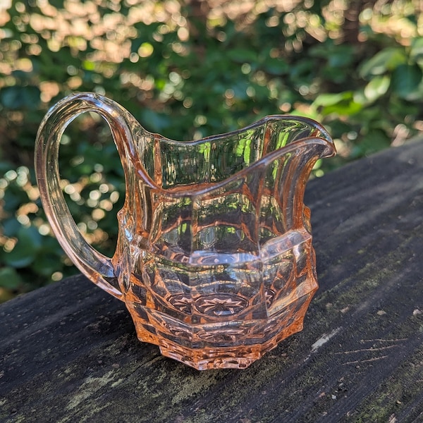 RARE Vintage Pink Depression Glass Creamer with Geometric Cubist Pattern and Starburst Bottom