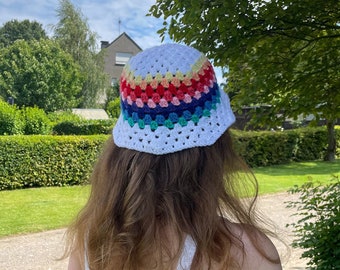 Rainbow crochet bucket hat fisherman core bucket hat gift for her man checker beanie crochet accessory hair hat crochet grannysquare pattern