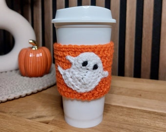 ghost crochet coffee cup sleeve crochet Halloween cupholder custom coffee sleeve design reusable cup birthday gift ideas fall decoration