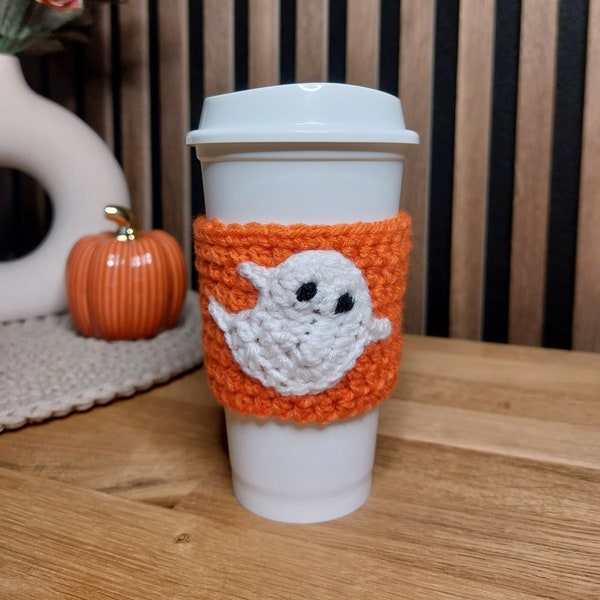 ghost crochet coffee cup sleeve crochet Halloween cupholder custom coffee sleeve design reusable cup for fall gift ideas for Fall crochet