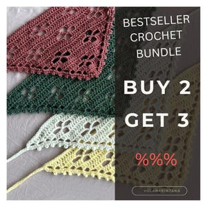 May include: Four crocheted triangle shawls in different colors: pink, green, white, and yellow. The shawls are arranged in a stack, with the pink shawl on top. The text "BESTSELLER CROCHET BUNDLE BUY 2 GET 3 %%% VOLANAKINTANA" is visible in the background.