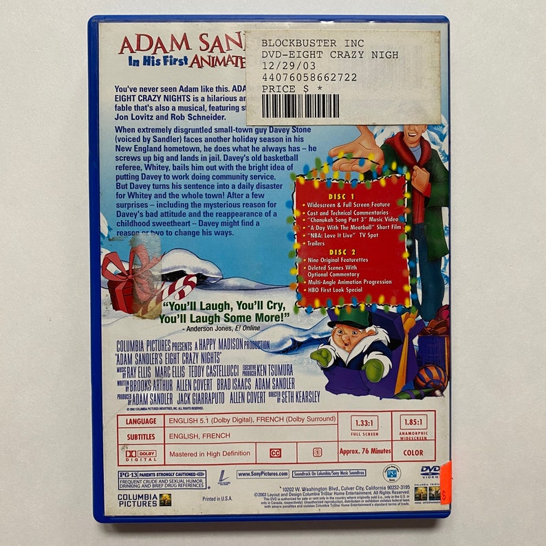 Eight Crazy Nights 2003 DVD Animated Family Holiday Film Adam Sandler ...