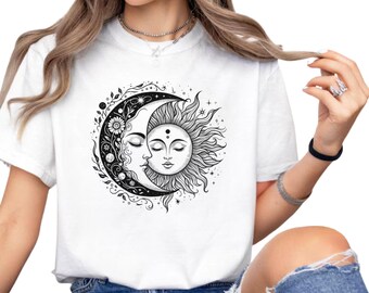 Camiseta unissex com estampa de sol e lua – Camiseta de algodão macio