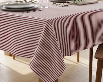 Striped Tablecloth, Farmhouse Table Linen, Woven Duck Linen Table Cover, Custom Size Dining Tablecloth, Custom Rectangle Tablecloth