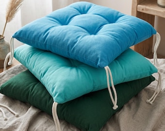 Handgemaakt linnen getuft stoelkussen met strikbanden, vierkant zitkussen woondecoratie