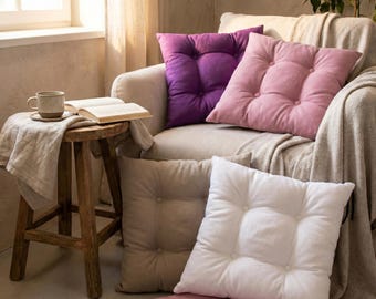 Chair Cushion with Ties, Linen Seat Cushion, Square Floor Pillow, Tufted Cushion, Kitchen Chair Pad, Soft Tick Cushion