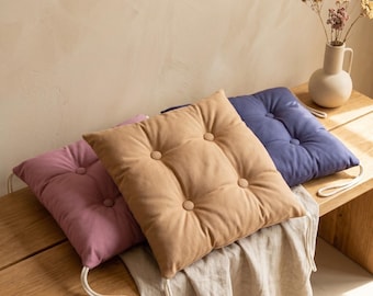 Linen Chair Cushion with Covered Buttons, Tufted Seat Pad with Ties, Handmade Kitchen Chair Cushion, Dining Chair Pad