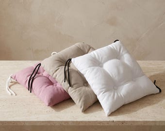 Linen Chair Cushion with Covered Buttons, Tufted Seat Pad with Ties, Handmade Kitchen Chair Cushion, Dining Chair Pad