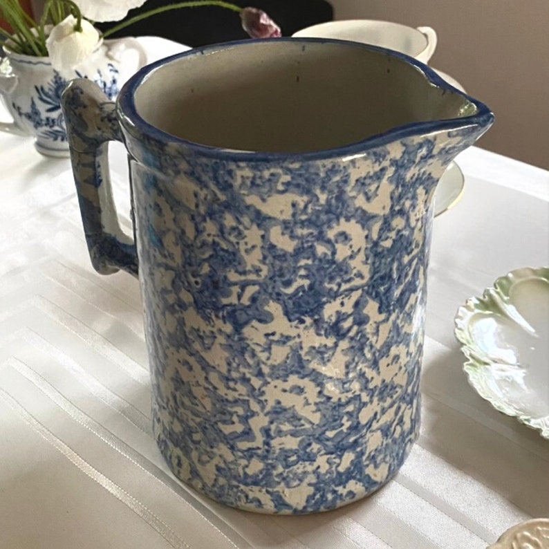Rare Vintage Blue and White Spongeware Pitcher Etsy