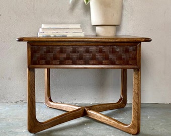 Vintage Walnut Square End Table with Basketweave drawer front by Lane Furniture. 1960s